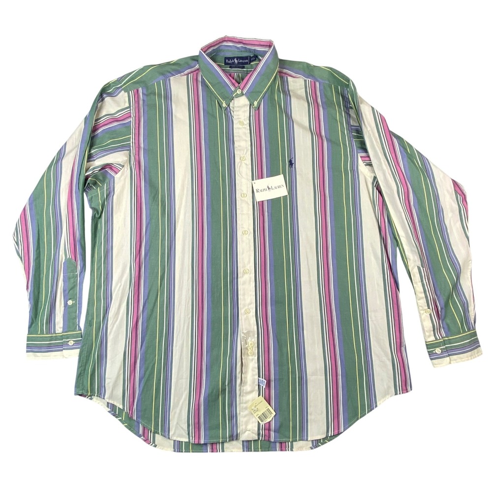 Ralph Lauren Mens XXL Striped Button Down Shirt Green Purple Pink Cotton NWT - Picture 1 of 7